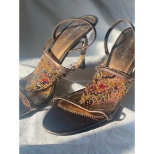 Vintage Nine West Bronze Beaded Embroidered Lace Slingback Heels, Women's 7.5M